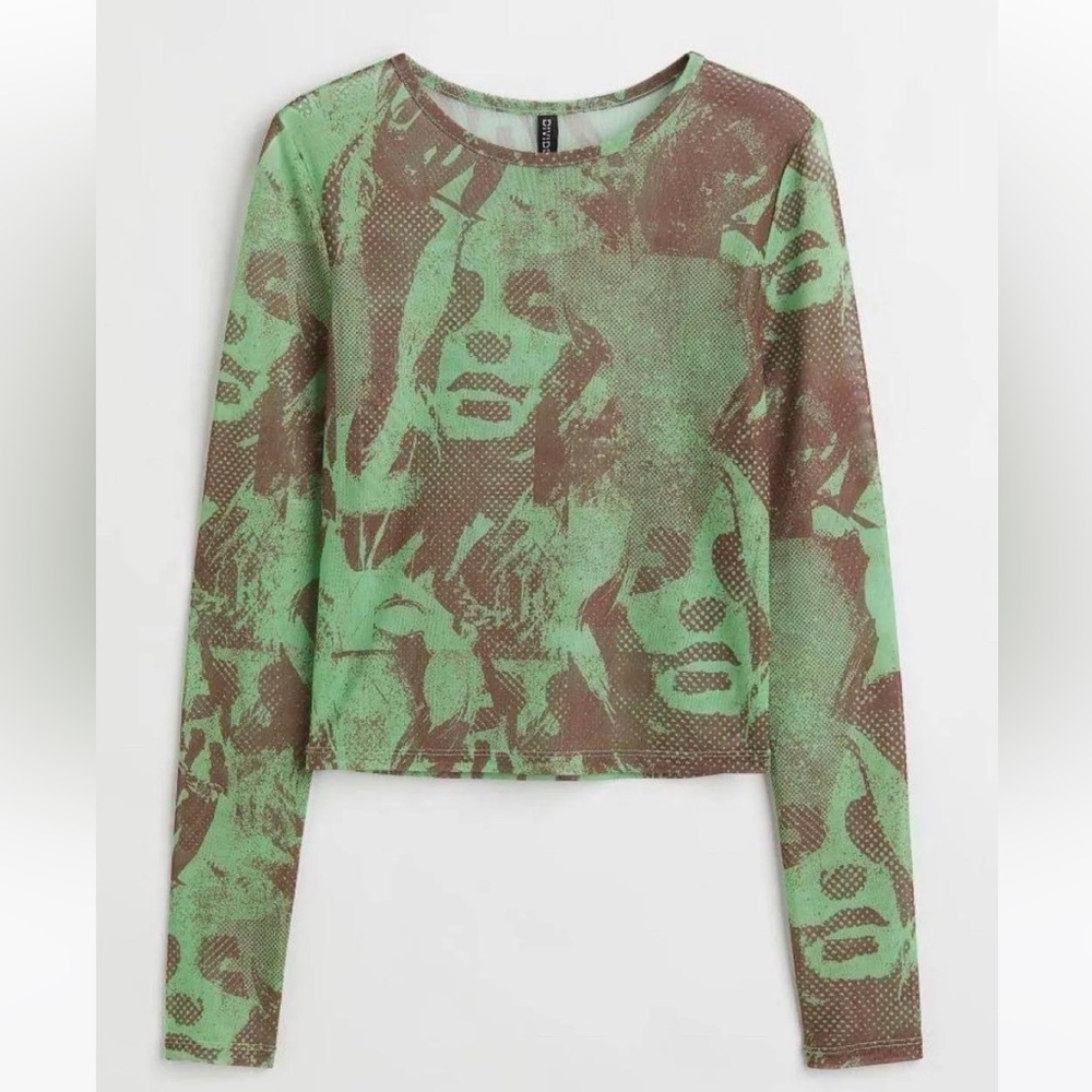 H&M Green and Brown Graphic Long Sleeve Sheer Top